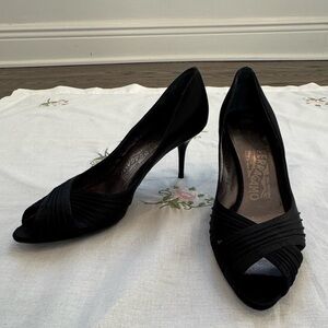 Salvatore Ferragamo “Societe” black satin peep toe pumps size 6